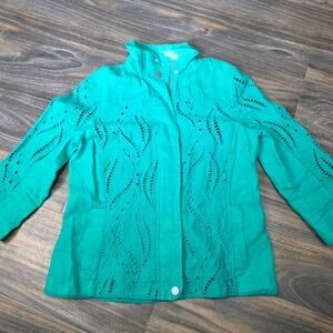 Chicos Teal Eyelet Jacket Blazer Womens Size 0 (S/4) Mandarin Collar‎